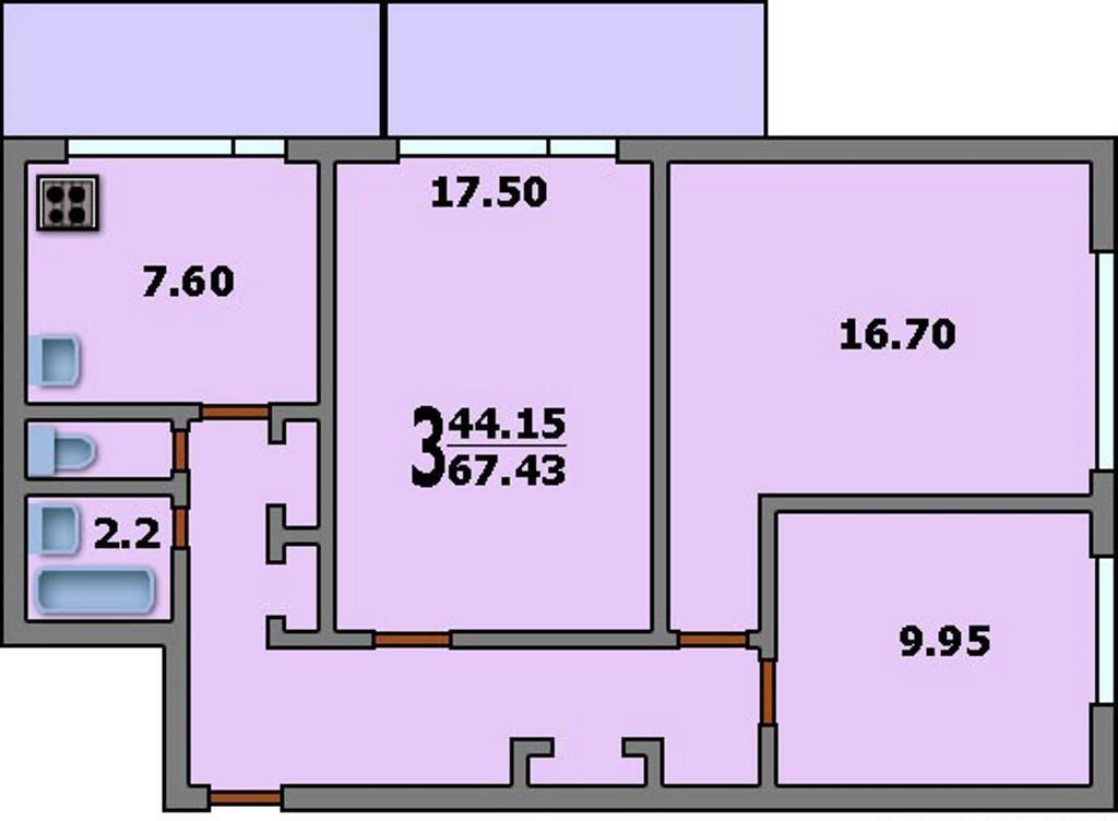 3-комнатная квартира москворецкая: планировка 67.4/44.2/7.6 .